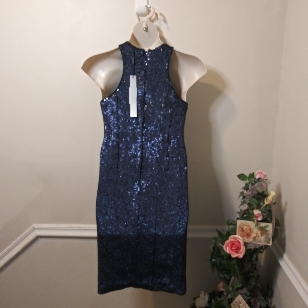 Halston Evening Sexy Bodycon Style Navy Sequinned Cocktail Dress - Picture 7 of 11